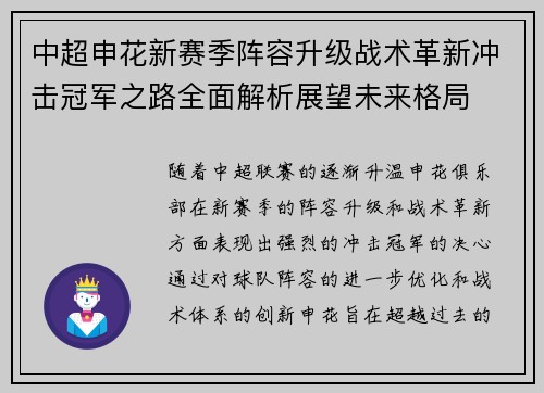 中超申花新赛季阵容升级战术革新冲击冠军之路全面解析展望未来格局 中超申花新赛季阵容升级战术革新冲击冠军之路全面解析展望未来格局